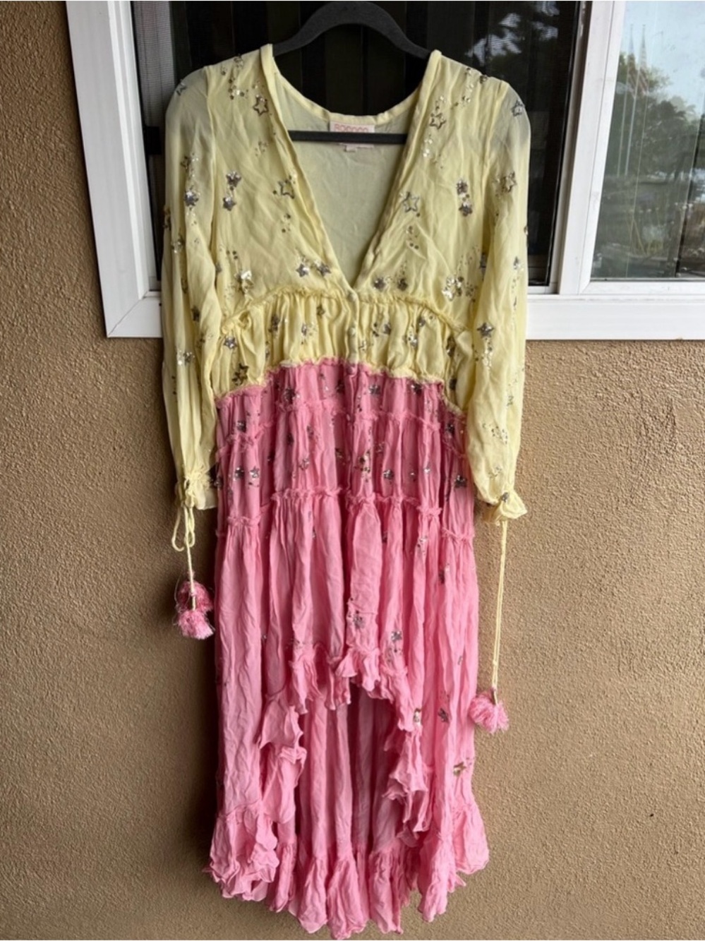 Rococo Sand Coastal Fairy Star Light High Low Maxi Dress Pink Yellow XS Western